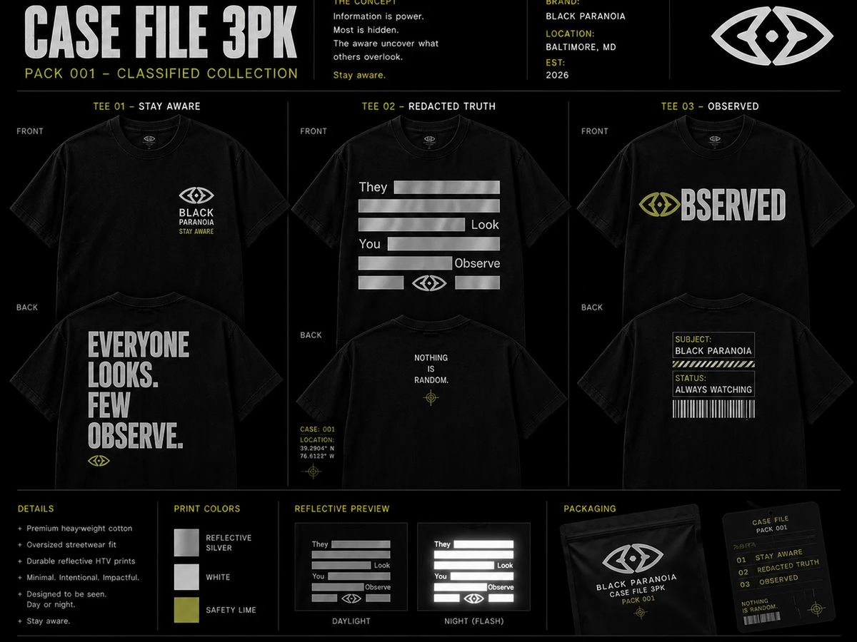 Black Paranoia Case File 3PK tee designs and packaging