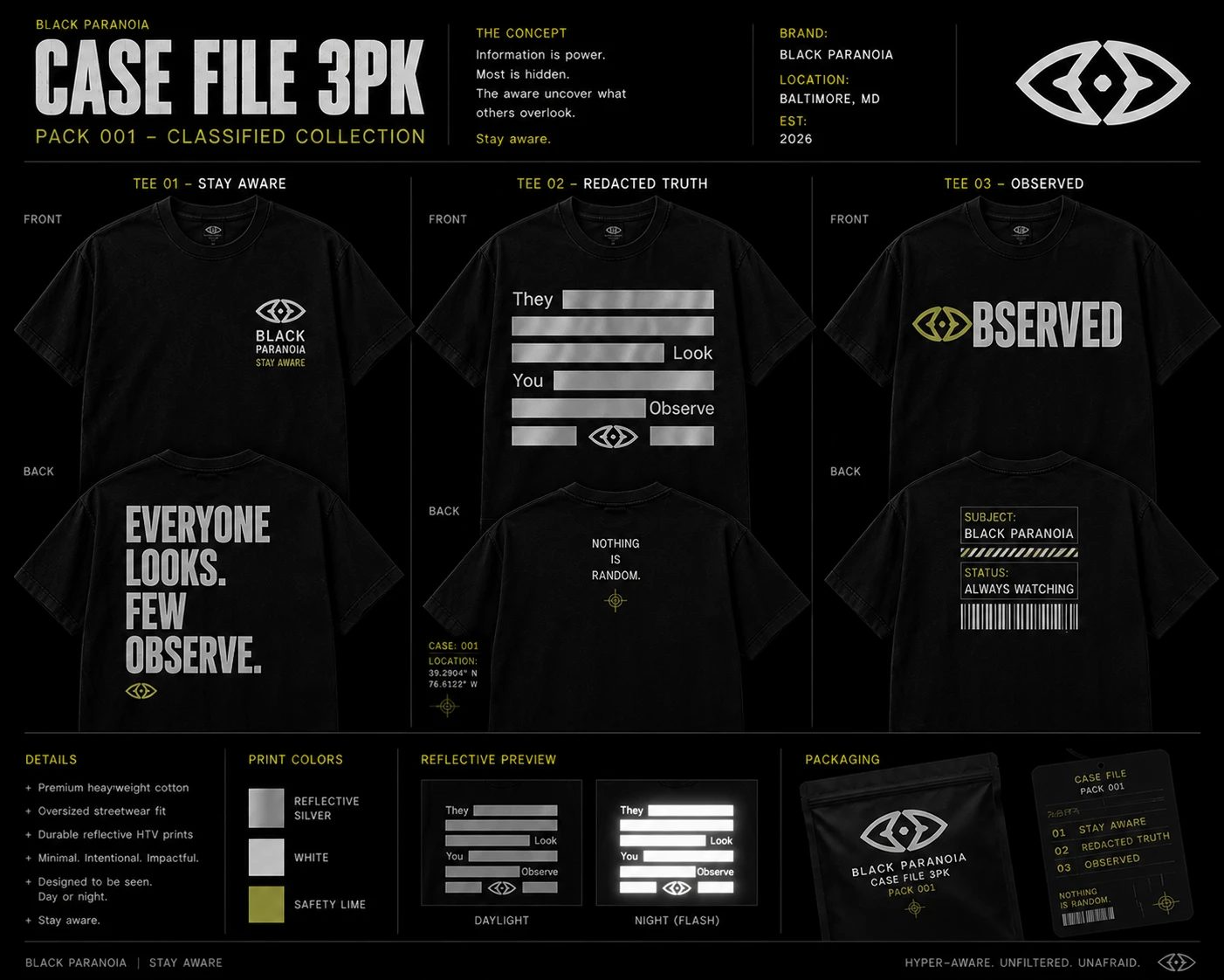 Black Paranoia Case File 3PK board: three black tees titled Stay Aware, Redacted Truth and Observed, front and back, with print colors, a reflective preview and packaging