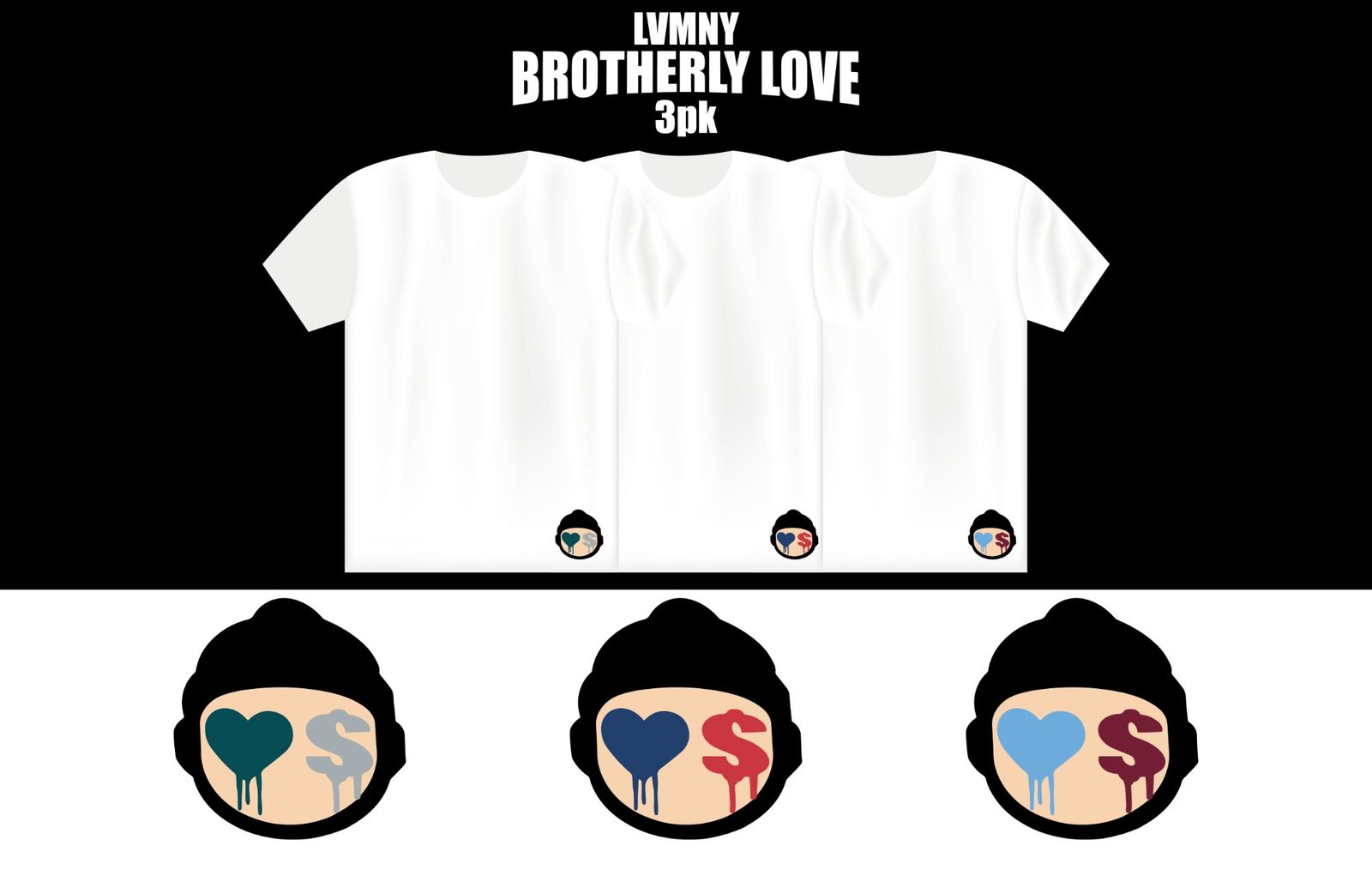 LVMNY Brotherly Love 3pk: three white tees, each with a small beanie-wearing character whose eyes are a dripping heart and a dollar sign, shown in teal and grey, navy and red, and sky blue and burgundy