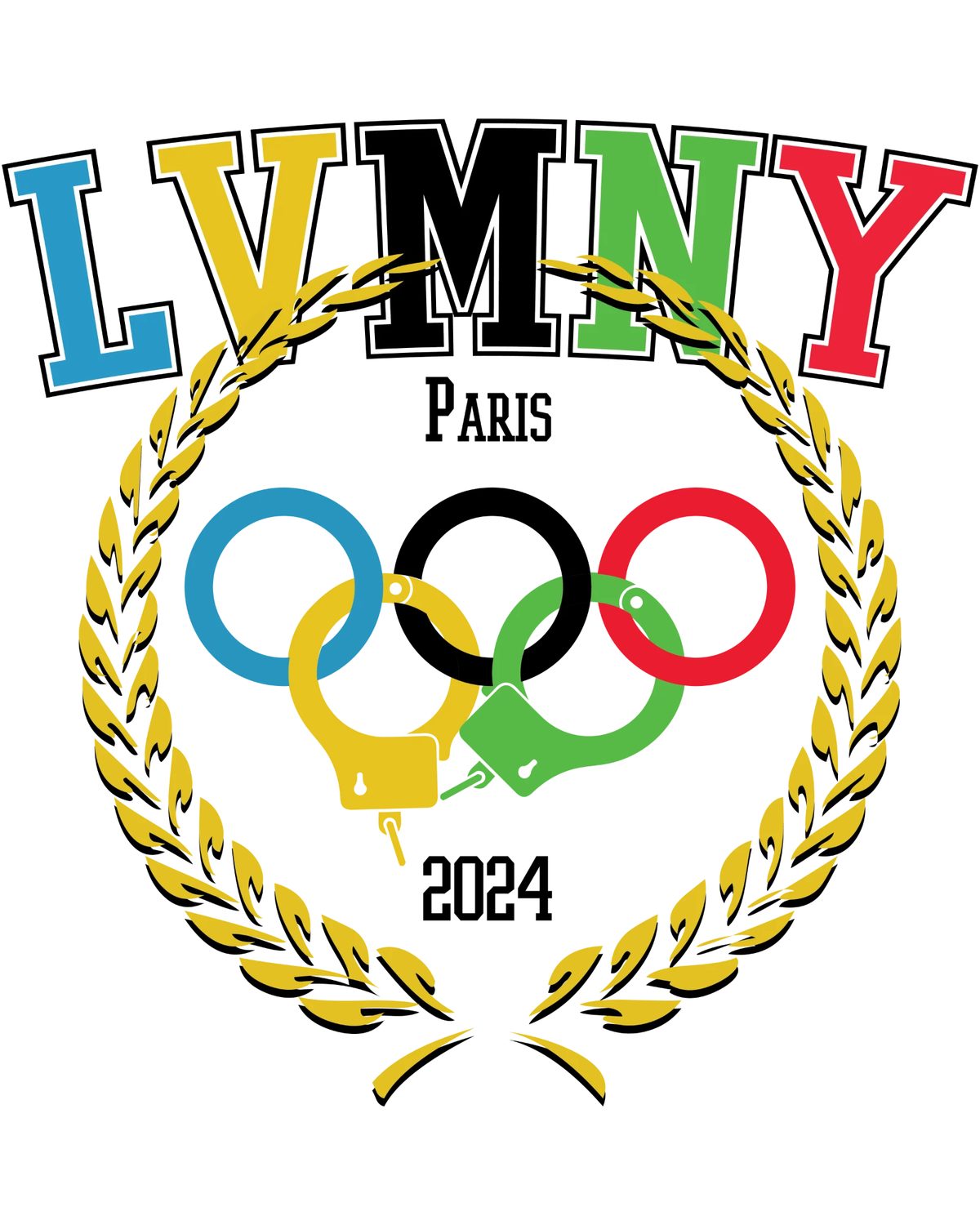 LVMNY Paris 2024 graphic: Olympic-style rings where two rings are handcuffs, inside a gold laurel wreath under arched collegiate LVMNY lettering in Olympic colors