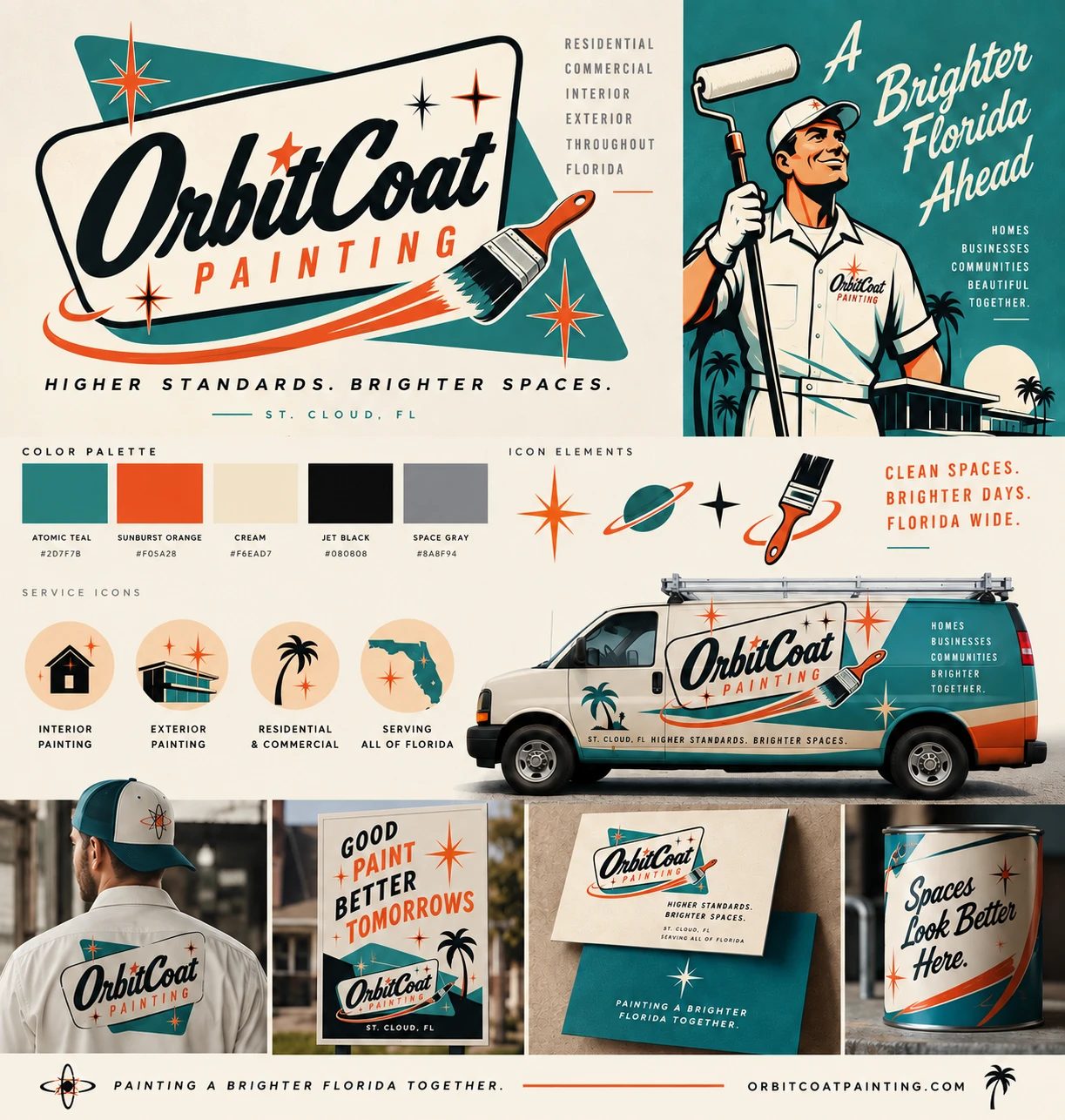 OrbitCoat Painting brand board: script logo on a boomerang sign shape, palette, service icons, illustrated painter, van wrap, uniform, yard sign, business cards and paint can