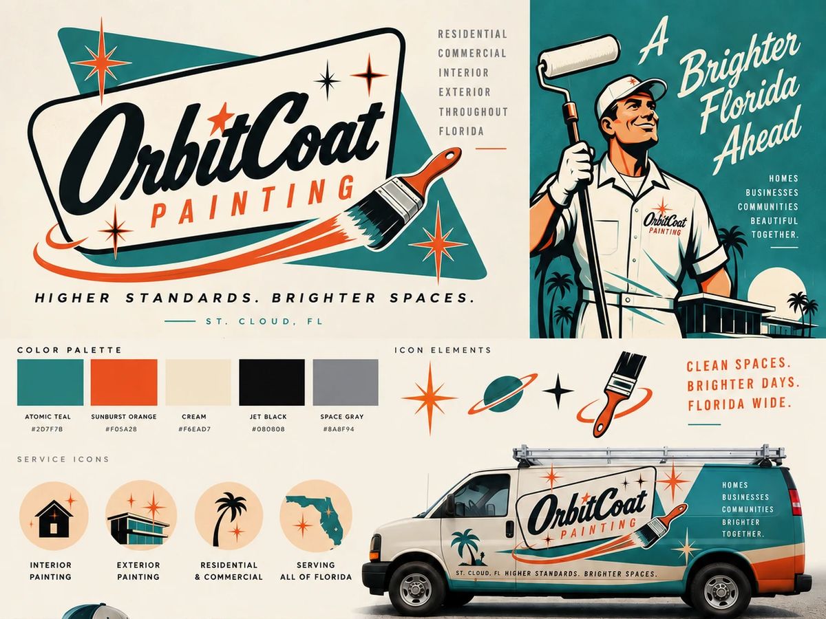 OrbitCoat Painting brand board with logo, palette, van wrap and uniform