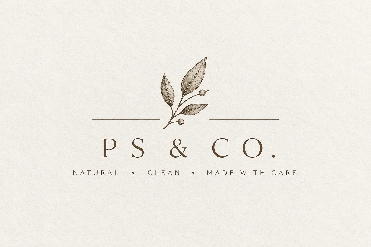 PS & Co. logo: an engraved botanical sprig over a thin rule, the PS & Co. wordmark in spaced serif capitals and the line Natural, Clean, Made with care